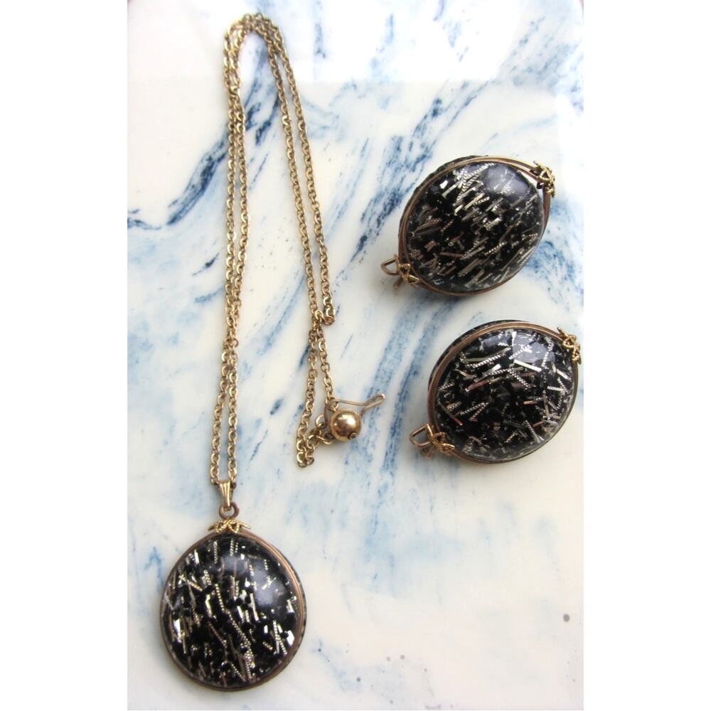 HILLCRAFT Vintage MCM Pendant Necklace & Earrings Confetti Gold Filled Set